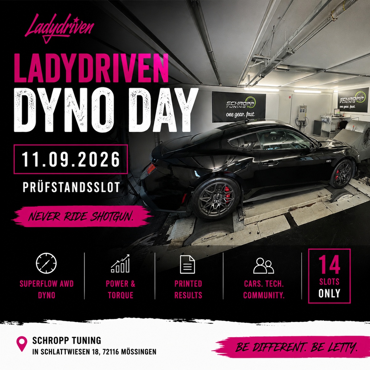 Ladydriven Dyno Day 2026 – grafisch gestaltetes Eventbild auf Basis eines Prüfstandsfotos